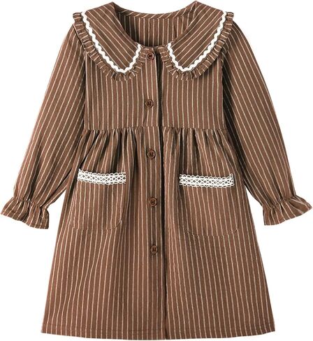 Toddler Girls' Long Sleeved Dress Cotton with Navy Blue and White Striped Lapel and Real Pocket Casual Dress 2-6Y in Saudi Arabia