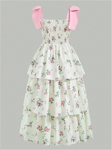 Verdusa Girl's Ditsy Floral Print Layered Ruffle Dress Sleeveless Tie Shoulder Elegant Midi Dresses in Saudi Arabia