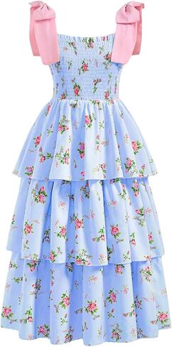 Verdusa Girl's Ditsy Floral Print Layered Ruffle Dress Sleeveless Tie Shoulder Elegant Midi Dresses in Saudi Arabia