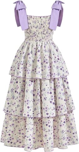 Verdusa Girl's Ditsy Floral Print Layered Ruffle Dress Sleeveless Tie Shoulder Elegant Midi Dresses in Saudi Arabia