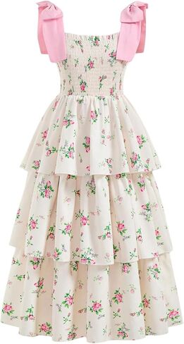Verdusa Girl's Ditsy Floral Print Layered Ruffle Dress Sleeveless Tie Shoulder Elegant Midi Dresses in Saudi Arabia