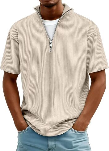 2026 Spring Summer Corduroy Henley Shirts for Men Short Sleeve Quarter Zip Pullover Ribbed Stand Collar T-Shirts in Saudi Arabia