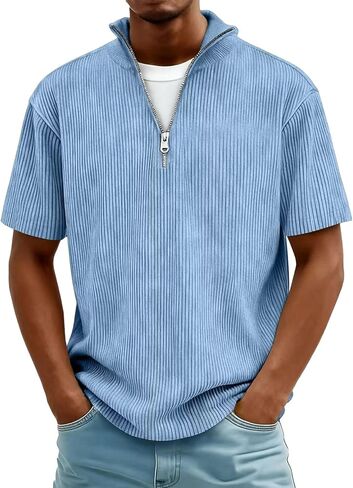 2026 Spring Summer Corduroy Henley Shirts for Men Short Sleeve Quarter Zip Pullover Ribbed Stand Collar T-Shirts in Saudi Arabia