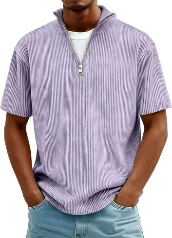 2026 Spring Summer Corduroy Henley Shirts for Men Short Sleeve Quarter Zip Pullover Ribbed Stand Collar T-Shirts in Saudi Arabia