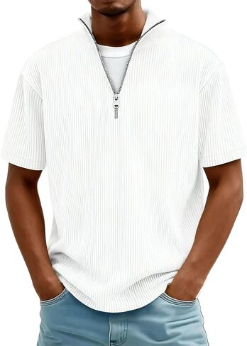 2026 Spring Summer Corduroy Henley Shirts for Men Short Sleeve Quarter Zip Pullover Ribbed Stand Collar T-Shirts in Saudi Arabia