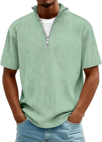 2026 Spring Summer Corduroy Henley Shirts for Men Short Sleeve Quarter Zip Pullover Ribbed Stand Collar T-Shirts in Saudi Arabia