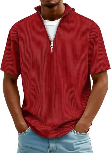 2026 Spring Summer Corduroy Henley Shirts for Men Short Sleeve Quarter Zip Pullover Ribbed Stand Collar T-Shirts in Saudi Arabia