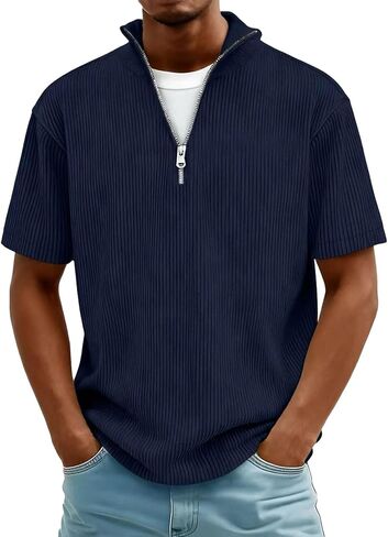 2026 Spring Summer Corduroy Henley Shirts for Men Short Sleeve Quarter Zip Pullover Ribbed Stand Collar T-Shirts in Saudi Arabia