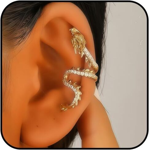 2 PC Dragon Ear Cuff for Women Gold/Silver Dragon Non Piercing Earring Rhinestone Dragon Crawler Earrings Sparkly Animal Cartilage Earrings Punk Costume Jewelry Accessories in Saudi Arabia