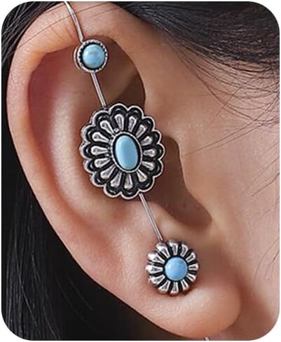 Boho Turquoise Ear Wrap Crawler Hook Earrings Silver Statement Long Bar Cartilage Piercing Earrrings Vintage Blue Birthstone Flower Climber Ear Cuff Jewelry for Women in Saudi Arabia