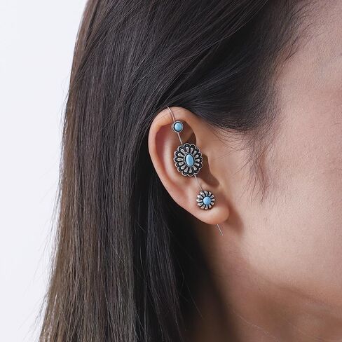 Boho Turquoise Ear Wrap Crawler Hook Earrings Silver Statement Long Bar Cartilage Piercing Earrrings Vintage Blue Birthstone Flower Climber Ear Cuff Jewelry for Women in Saudi Arabia