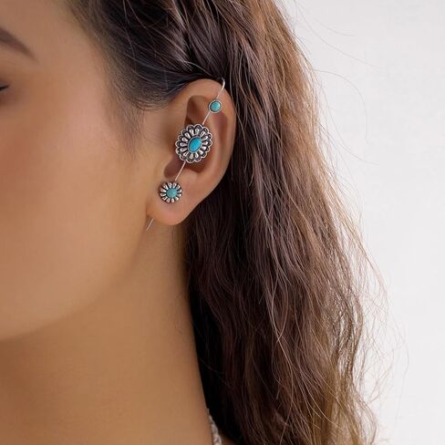 Boho Turquoise Ear Wrap Crawler Hook Earrings Silver Statement Long Bar Cartilage Piercing Earrrings Vintage Blue Birthstone Flower Climber Ear Cuff Jewelry for Women in Saudi Arabia