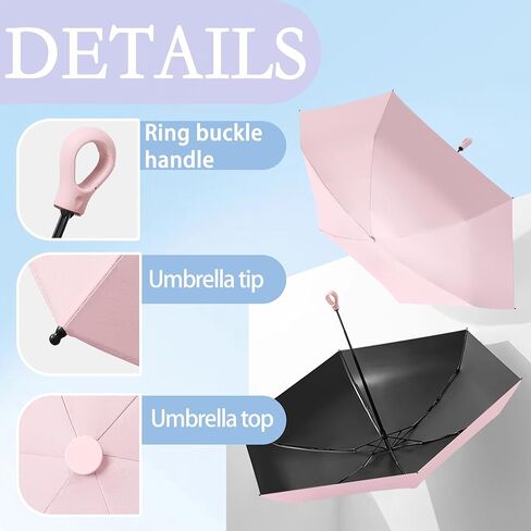 Mini Compact Folding Travel Umbrella with Carabiner Ring Handle,Fiberglass Ribs,UV Protection,UPF 50+ UV Sun Rain Protection,Lightweight Small,Handbag,Teflon Coating,Women Kids in Saudi Arabia