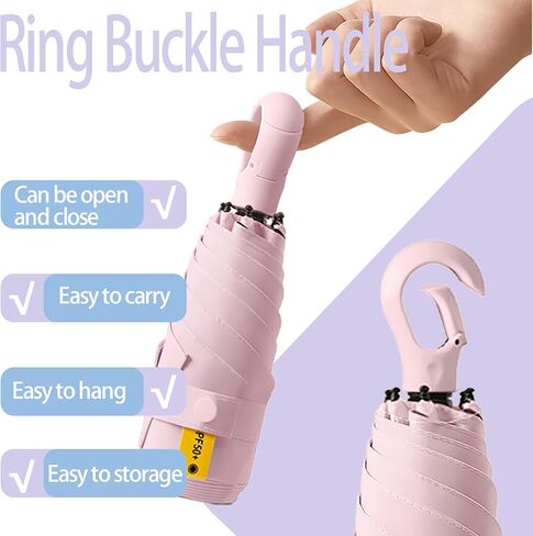 Mini Compact Folding Travel Umbrella with Carabiner Ring Handle,Fiberglass Ribs,UV Protection,UPF 50+ UV Sun Rain Protection,Lightweight Small,Handbag,Teflon Coating,Women Kids in Saudi Arabia