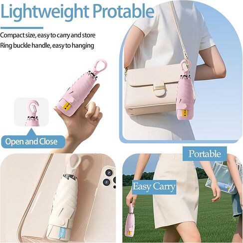 Mini Compact Folding Travel Umbrella with Carabiner Ring Handle,Fiberglass Ribs,UV Protection,UPF 50+ UV Sun Rain Protection,Lightweight Small,Handbag,Teflon Coating,Women Kids in Saudi Arabia
