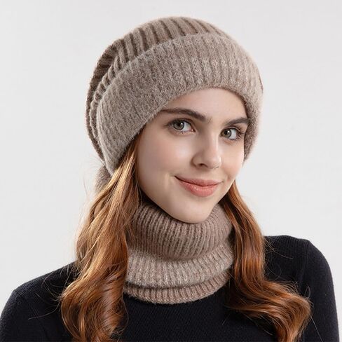 Women's Winter Warm Knitted Crochet Hat – Thickening Female Earmuffs Hat with Velvet Collar, Two-Piece Cap for Cold Weather in Saudi Arabia