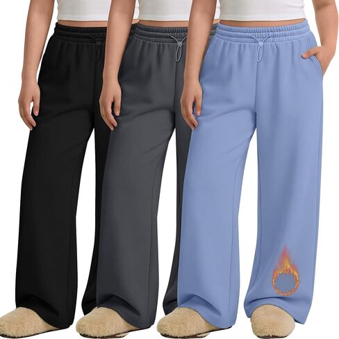 3 Pack Women's Plus Size Fleece Lined Sweatpants Wide Leg Joggers Shock Cord High Waisted Thermal Pants with Pocket in Saudi Arabia