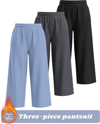 3 Pack Women's Plus Size Fleece Lined Sweatpants Wide Leg Joggers Shock Cord High Waisted Thermal Pants with Pocket in Saudi Arabia