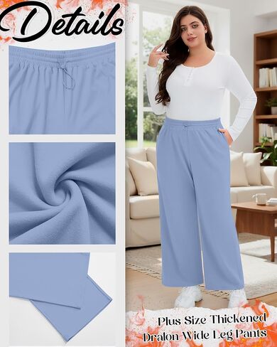 3 Pack Women's Plus Size Fleece Lined Sweatpants Wide Leg Joggers Shock Cord High Waisted Thermal Pants with Pocket in Saudi Arabia