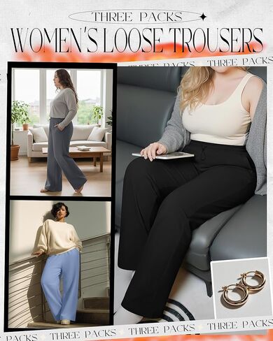3 Pack Women's Plus Size Fleece Lined Sweatpants Wide Leg Joggers Shock Cord High Waisted Thermal Pants with Pocket in Saudi Arabia