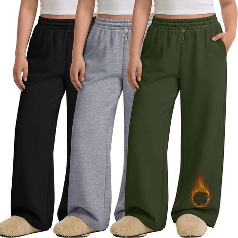 3 Pack Women's Plus Size Fleece Lined Sweatpants Wide Leg Joggers Shock Cord High Waisted Thermal Pants with Pocket in Saudi Arabia