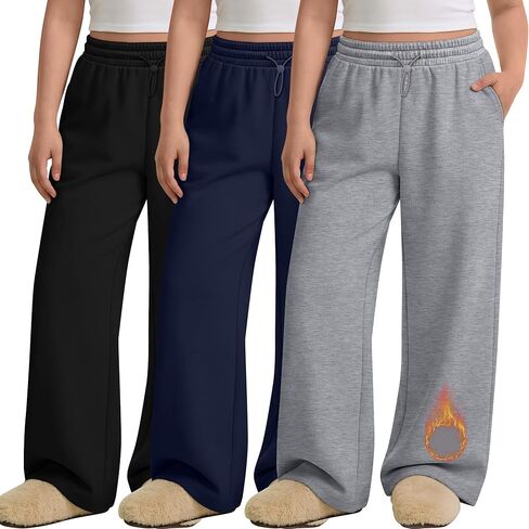 3 Pack Women's Plus Size Fleece Lined Sweatpants Wide Leg Joggers Shock Cord High Waisted Thermal Pants with Pocket in Saudi Arabia
