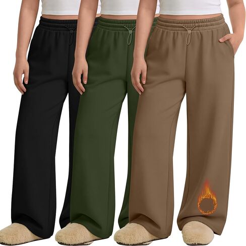 3 Pack Women's Plus Size Fleece Lined Sweatpants Wide Leg Joggers Shock Cord High Waisted Thermal Pants with Pocket in Saudi Arabia