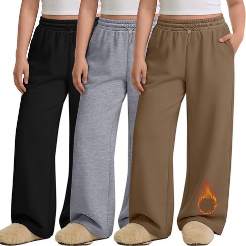 3 Pack Women's Plus Size Fleece Lined Sweatpants Wide Leg Joggers Shock Cord High Waisted Thermal Pants with Pocket in Saudi Arabia