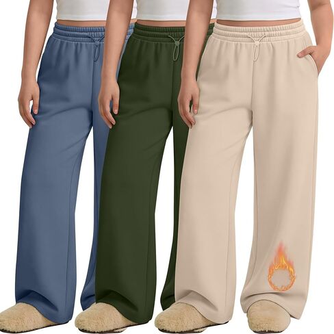 3 Pack Women's Plus Size Fleece Lined Sweatpants Wide Leg Joggers Shock Cord High Waisted Thermal Pants with Pocket in Saudi Arabia