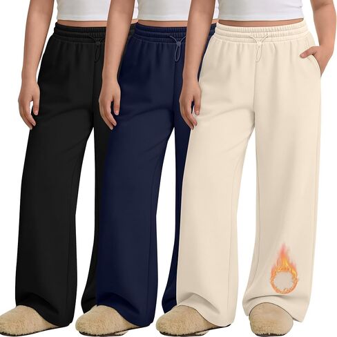 3 Pack Women's Plus Size Fleece Lined Sweatpants Wide Leg Joggers Shock Cord High Waisted Thermal Pants with Pocket in Saudi Arabia