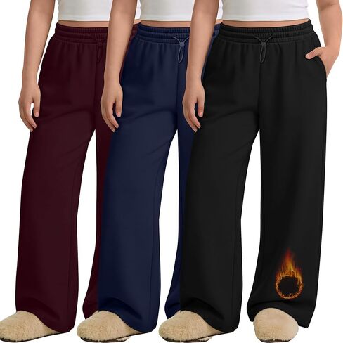 3 Pack Women's Plus Size Fleece Lined Sweatpants Wide Leg Joggers Shock Cord High Waisted Thermal Pants with Pocket in Saudi Arabia