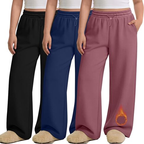 3 Pack Women's Plus Size Fleece Lined Sweatpants Wide Leg Joggers Shock Cord High Waisted Thermal Pants with Pocket in Saudi Arabia