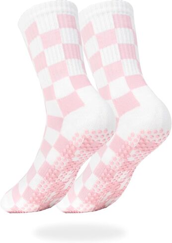 1Pair Socks with Grips for Women Checkered Knit Ankle Yoga Socks, Non Slip Anti-Skid Grippy Dots, Breathable Pilates & Barre Workout Grip （1Pink） in Saudi Arabia