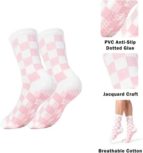 1Pair Socks with Grips for Women Checkered Knit Ankle Yoga Socks, Non Slip Anti-Skid Grippy Dots, Breathable Pilates & Barre Workout Grip （1Pink） in Saudi Arabia