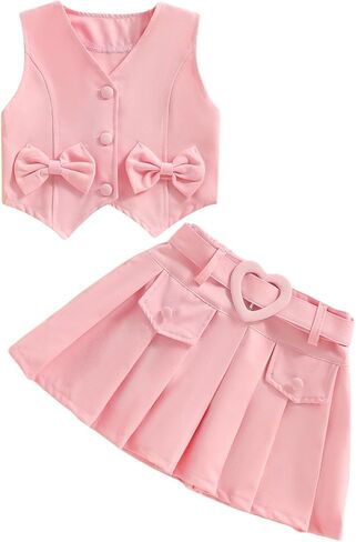 Kids Girls Summer 2 Piece Outfits Solid Color Sleeveless Button Vest Tank Tops+Pleated Skirt with Belt Clothes Set in Saudi Arabia