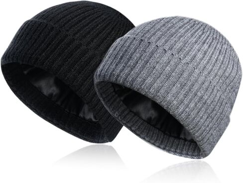 2 Pcs Beanie for Women Men, Soft Satin Lined Winter Hats for Women, Slouchy Beanies Knit Hats Cuffed Cap for Cold Weather (Black+Gray) in Saudi Arabia