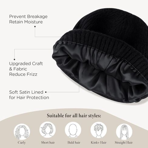 2 Pcs Beanie for Women Men, Soft Satin Lined Winter Hats for Women, Slouchy Beanies Knit Hats Cuffed Cap for Cold Weather (Black+Gray) in Saudi Arabia