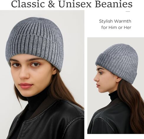 2 Pcs Beanie for Women Men, Soft Satin Lined Winter Hats for Women, Slouchy Beanies Knit Hats Cuffed Cap for Cold Weather (Black+Gray) in Saudi Arabia