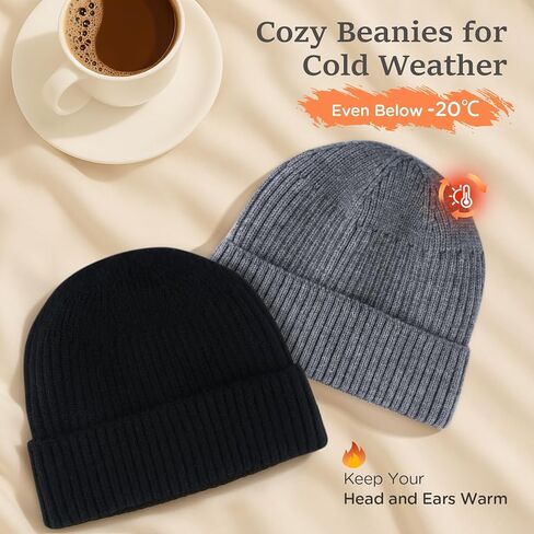 2 Pcs Beanie for Women Men, Soft Satin Lined Winter Hats for Women, Slouchy Beanies Knit Hats Cuffed Cap for Cold Weather (Black+Gray) in Saudi Arabia