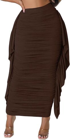 Lrady Women High Waist Ruched Bodycon Side Ruffle Tassles Fringe Pencil Casual Party Maxi Long Skirt in Saudi Arabia