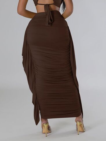 Lrady Women High Waist Ruched Bodycon Side Ruffle Tassles Fringe Pencil Casual Party Maxi Long Skirt in Saudi Arabia
