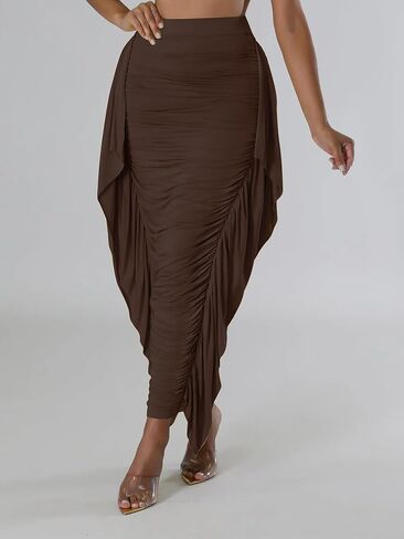 Lrady Women High Waist Ruched Bodycon Side Ruffle Tassles Fringe Pencil Casual Party Maxi Long Skirt in Saudi Arabia