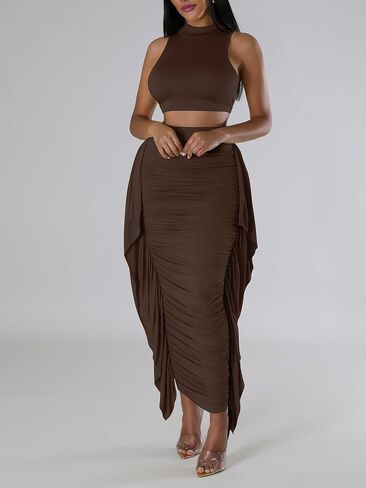 Lrady Women High Waist Ruched Bodycon Side Ruffle Tassles Fringe Pencil Casual Party Maxi Long Skirt in Saudi Arabia