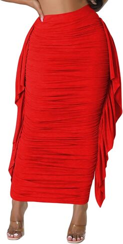 Lrady Women High Waist Ruched Bodycon Side Ruffle Tassles Fringe Pencil Casual Party Maxi Long Skirt in Saudi Arabia