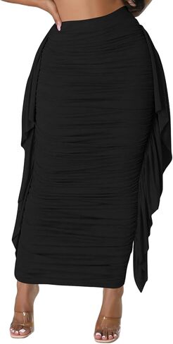 Lrady Women High Waist Ruched Bodycon Side Ruffle Tassles Fringe Pencil Casual Party Maxi Long Skirt in Saudi Arabia