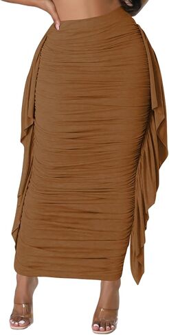 Lrady Women High Waist Ruched Bodycon Side Ruffle Tassles Fringe Pencil Casual Party Maxi Long Skirt in Saudi Arabia