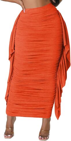 Lrady Women High Waist Ruched Bodycon Side Ruffle Tassles Fringe Pencil Casual Party Maxi Long Skirt in Saudi Arabia