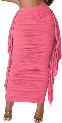 Lrady Women High Waist Ruched Bodycon Side Ruffle Tassles Fringe Pencil Casual Party Maxi Long Skirt in Saudi Arabia