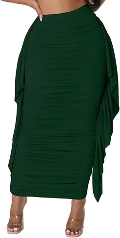 Lrady Women High Waist Ruched Bodycon Side Ruffle Tassles Fringe Pencil Casual Party Maxi Long Skirt in Saudi Arabia