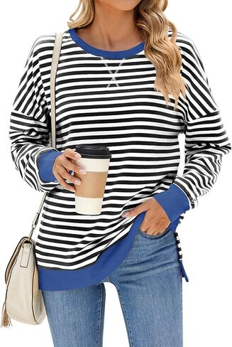 ODIZLI Women's Striped Sweatshirt Long Sleeve Crew Neck Casual Y2K Pullover Top Fall Winter Tops in Saudi Arabia